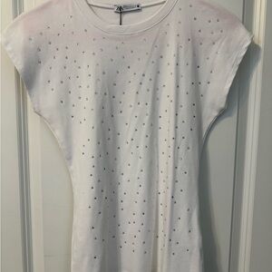 Zara White Short Sleeve Tee with Stud Accents